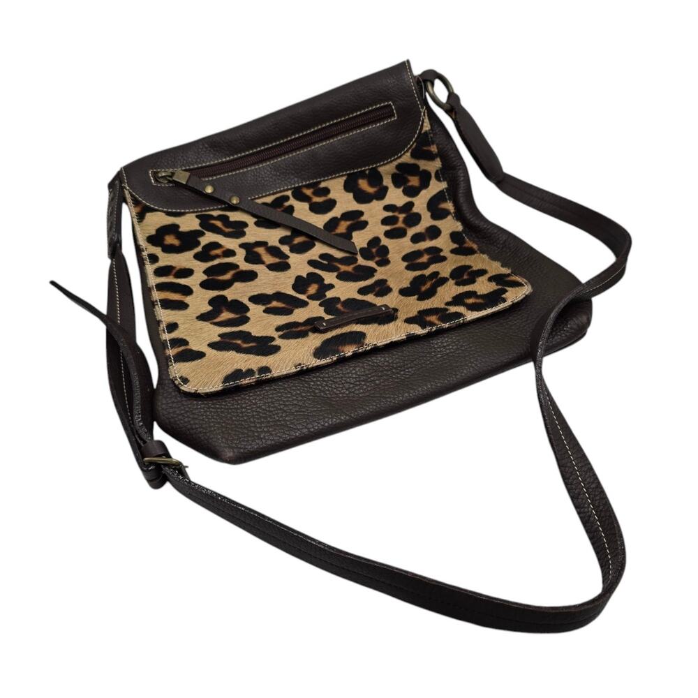Puntotres Leather Leopard Calf‎ Hair Handbag Brown Crossbody Purse Bag Spain